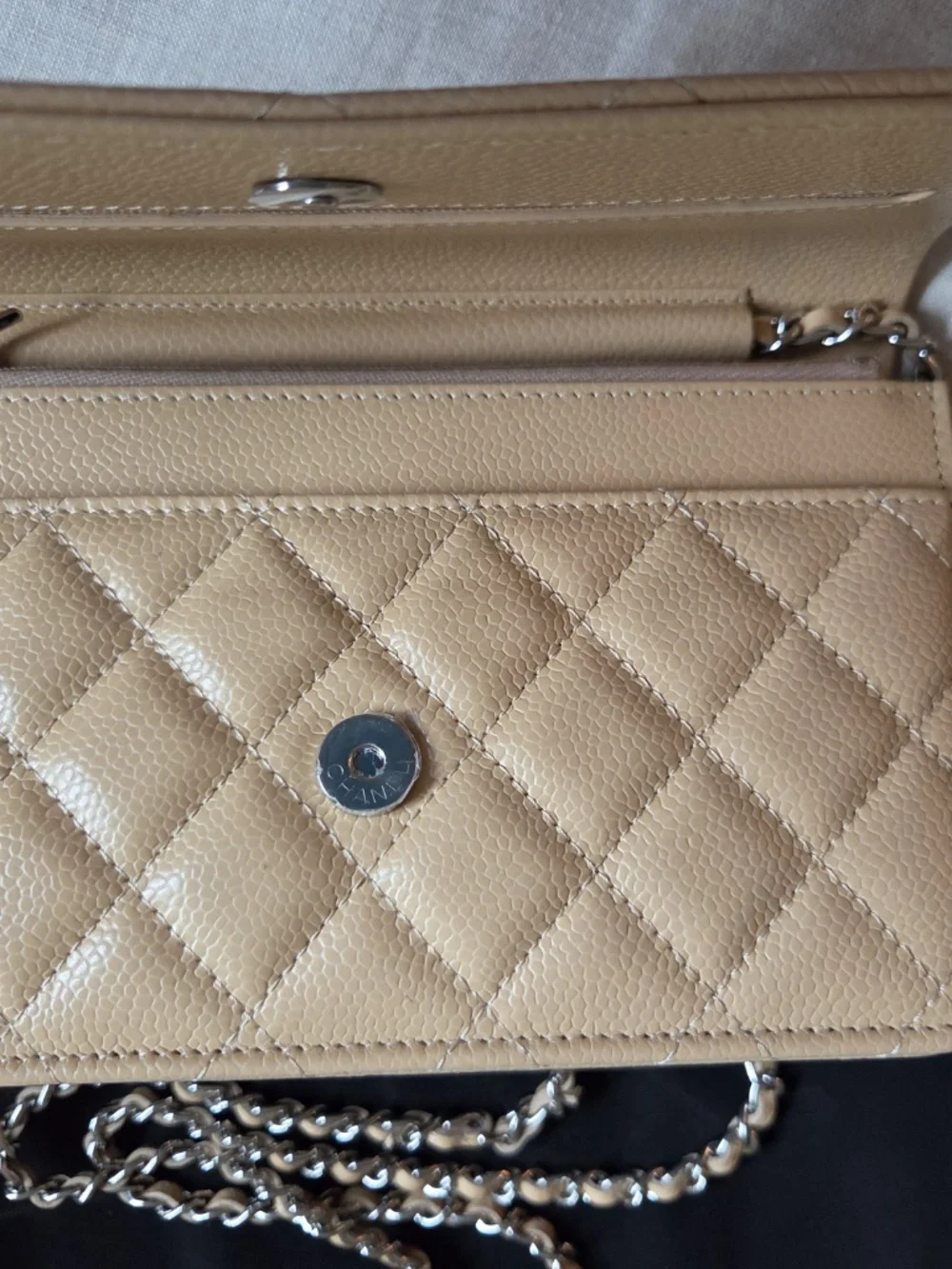CHANEL Classic Wallet on Chain WOC Beige Caviar Silver Hardware